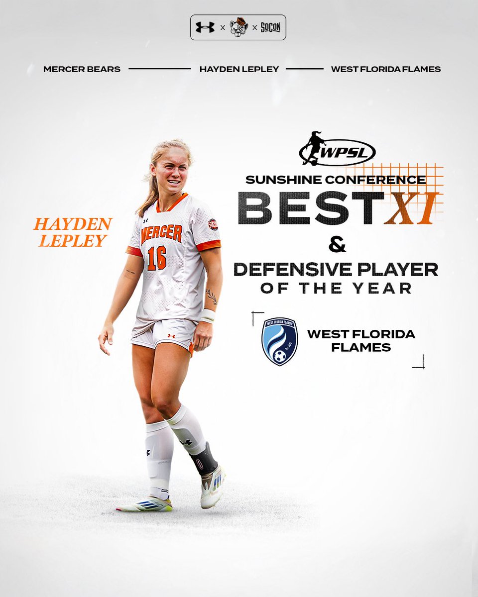 Mercer Women's Soccer (@mercerwsoccer) on Twitter photo Congrats to Hayden Lepley who was named <a href="/WPSL/">Womenโs Premier Soccer League</a> Sunshine Conference Defensive Player of the Year and selected to the Best XI team while leading <a href="/WestFlaFlames/">West Florida Flames</a> to the Sunshine Conference Championship over the summer! ๐
#GoBears #MUWS Congrats to Hayden Lepley who was named <a href="/WPSL/">Womenโs Premier Soccer League</a> Sunshine Conference Defensive Player of the Year and selected to the Best XI team while leading <a href="/WestFlaFlames/">West Florida Flames</a> to the Sunshine Conference Championship over the summer! ๐
#GoBears #MUWS