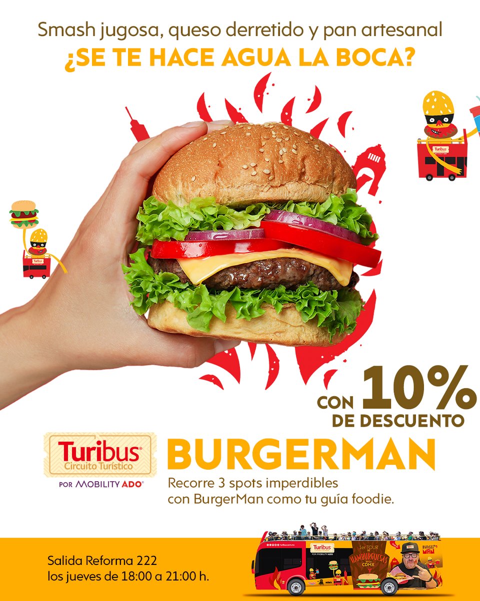 🍔 ¿Fan de las hamburguesas? 

¡Este tour de verano te llama! Visita 3 hamburgueserías seleccionadas por el mismísimo Marcelo Lara (BurgerMan).

🎟️ Ve por tus boletos y aprovecha el 10% OFF: tinyurl.com/25kuqezm

#DescubreLugares #ExperienciasTuribus #Verano