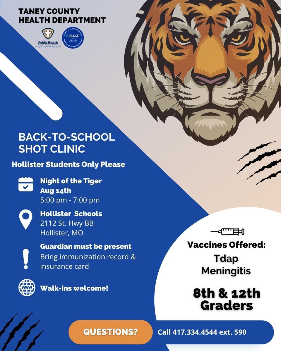 TaneyCoHealth's tweet image. We will be at Night of the Tiger serving Hollister students! 🐅 Guardians must be present! Bring shot records &amp;amp; insurance cards if possible! 😁
When: Thursday August 14th 5pm-7pm 📆
Where: 2112 St. Hwy BB; Hollister, MO 📍
#TCHD #Hollister #BackToSchool