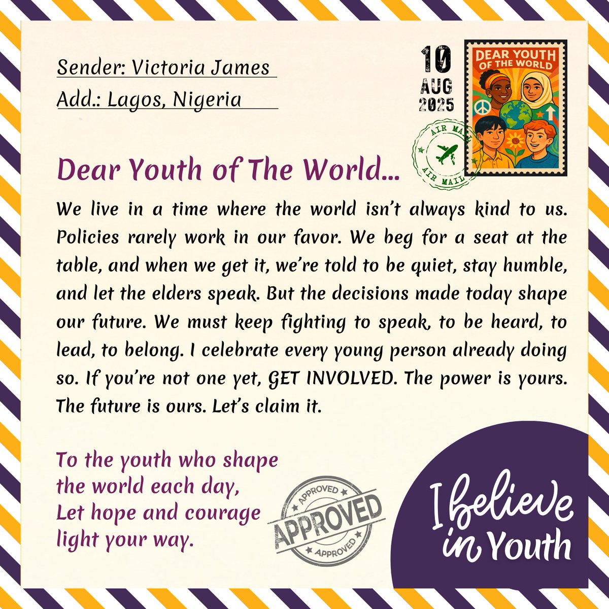 UdaanYouthClub's tweet photo. 🔥 #DearYouthOfTheWorld — From Lagos, Nigeria, Victoria James @thequeenoface speaks truth: “We live in a world that often sidelines us, but the future is shaped by our voices. The power is yours. The future is ours. Let’s claim it!” ✊🌍 #YouthVoices #ClaimTheFuture #LeadBoldly https://t.co/4EjxSyfRXO