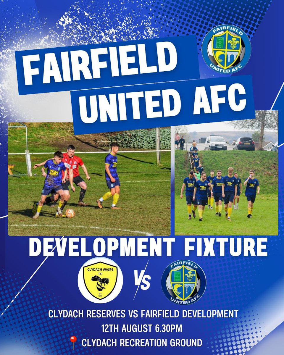 FairfieldUtd's tweet photo. Looking to the week ahead, two midweek games for the club.
First up ⤵️

The Development Team take on @clydach_waspsfc Reserves away
🗓️ Tuesday 12th August

On to Thursday where the first team host @fctredegar 
🗓️ Thursday 14th August

📢 Come along and support the boys https://t.co/pqqzcSegkM