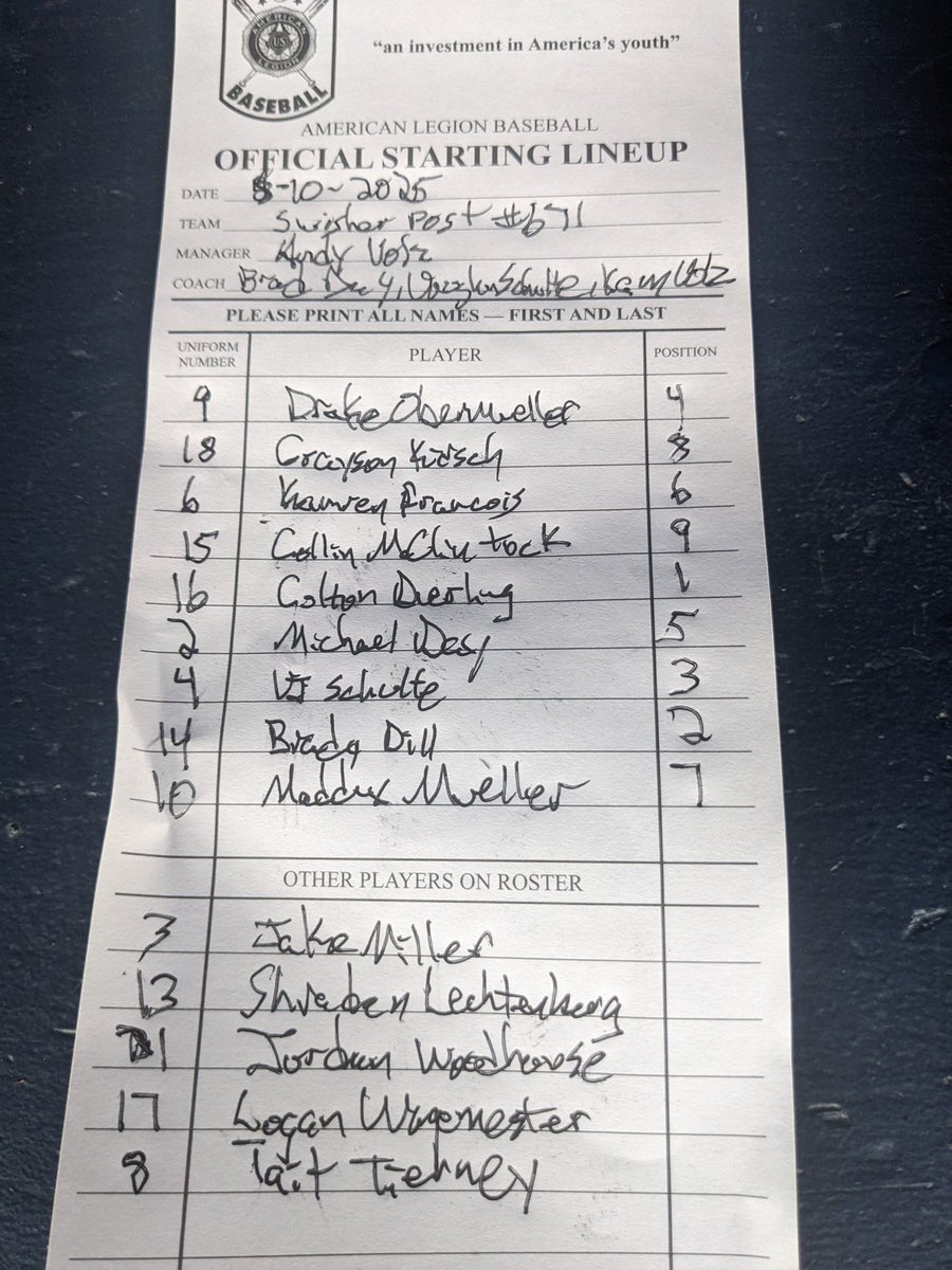 SwisherLegion's tweet photo. Game 1 didn't go as hoped. Game 2 lineup with a 7 inning race to Shelby. #alws https://t.co/dooFJIDcBl