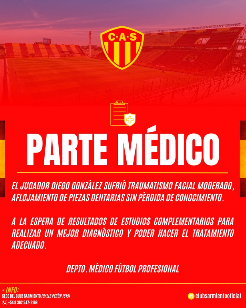#ParteMedico 

El jugador Diego González sufrió traumatismo facial moderado, aflojamiento de piezas dentarias sin pérdida de conocimiento.

A la espera de resultados de estudios para realizar un mejor diagnóstico y poder hacer el tratamiento adecuado.

Depto. Médico Fútbol
