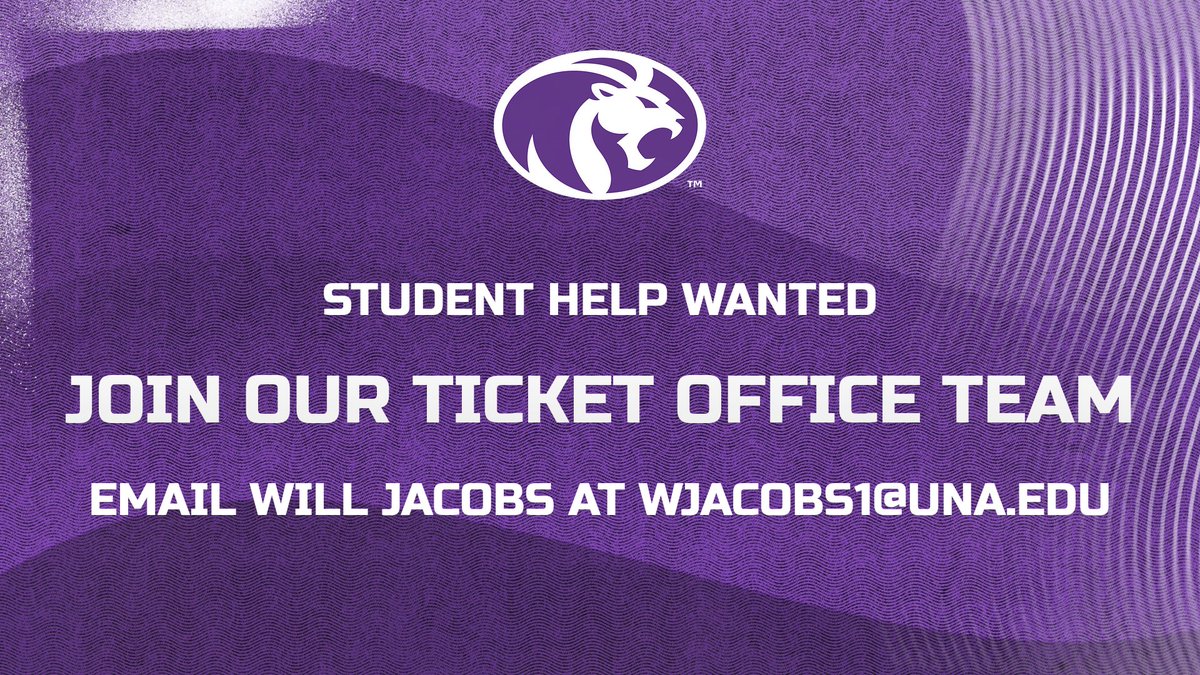 North Alabama Athletics (@unaathletics) on Twitter photo 🚨 CALLING ALL STUDENTS 🚨
We have student worker positions available in our ticket office this year, including gameday ticket sales and ticket scanners for football, basketball, soccer, volleyball, softball and baseball events!
Email wjacobs1@una.edu for more!
#RoarLions 🦁 🚨 CALLING ALL STUDENTS 🚨
We have student worker positions available in our ticket office this year, including gameday ticket sales and ticket scanners for football, basketball, soccer, volleyball, softball and baseball events!
Email wjacobs1@una.edu for more!
#RoarLions 🦁