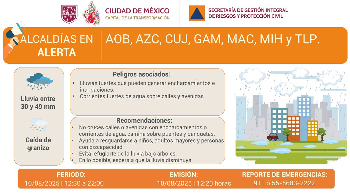 Secretaría de Gestión Integral de Riesgos y PC (@sgirpc_cdmx) on Twitter photo Se activa #AlertaNaranja por pronóstico de #lluvias fuertes y posible caída de #granizo para la tarde y noche del domingo 10/08/2025, en las demarcaciones: <a href="/AlcaldiaAO/">Alcaldía Álvaro Obregón</a>, <a href="/AzcapotzalcoMx/">Alcaldía Azcapotzalco</a>, <a href="/cuajimalpa_gob/">Alcaldía Cuajimalpa</a>, <a href="/TuAlcaldiaGAM/">Alcaldía Gustavo A. Madero</a>, <a href="/ALaMagdalenaC/">Alcaldía La Magdalena Contreras</a>, <a href="/AlcaldiaMHmx/">Alcaldía Miguel Hidalgo</a> y <a href="/TlalpanAl/">Alcaldía Tlalpan</a>. Se activa #AlertaNaranja por pronóstico de #lluvias fuertes y posible caída de #granizo para la tarde y noche del domingo 10/08/2025, en las demarcaciones: <a href="/AlcaldiaAO/">Alcaldía Álvaro Obregón</a>, <a href="/AzcapotzalcoMx/">Alcaldía Azcapotzalco</a>, <a href="/cuajimalpa_gob/">Alcaldía Cuajimalpa</a>, <a href="/TuAlcaldiaGAM/">Alcaldía Gustavo A. Madero</a>, <a href="/ALaMagdalenaC/">Alcaldía La Magdalena Contreras</a>, <a href="/AlcaldiaMHmx/">Alcaldía Miguel Hidalgo</a> y <a href="/TlalpanAl/">Alcaldía Tlalpan</a>.