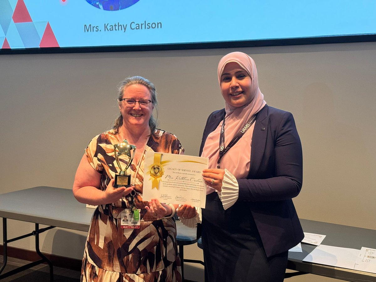 UAMSGSA's tweet photo. Congratulations to our incredible Education Coordinator, Mrs. Kathy Carlson, for receiving the Legacy of Service Award! 🎉

#LegacyOfService #ThankYouKathy #UnsungHero #BehindTheScenesMagic #Gratitude #EducationMatters https://t.co/FuP8ijVTJr