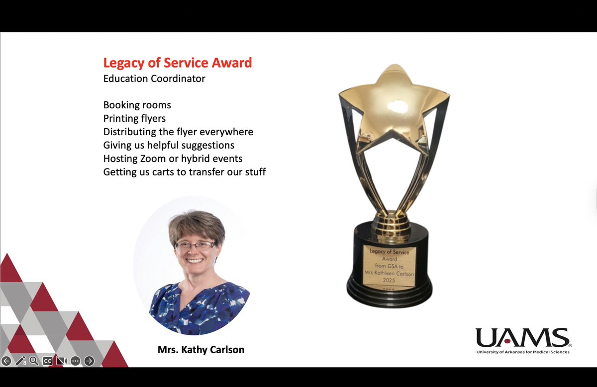 UAMSGSA's tweet photo. Congratulations to our incredible Education Coordinator, Mrs. Kathy Carlson, for receiving the Legacy of Service Award! 🎉

#LegacyOfService #ThankYouKathy #UnsungHero #BehindTheScenesMagic #Gratitude #EducationMatters https://t.co/FuP8ijVTJr