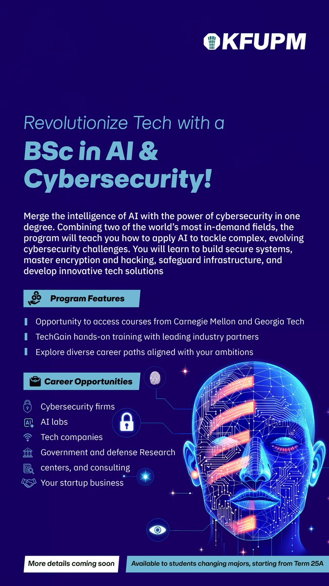للي يسألني عن التخصص الجديد AI and Cybersecurity

اذا خلصت من الاجراءات مع الجامعة بنزل لكم ثريد مفصل عنه لأن حاليا ما أقدر أصرح بشيء...
الي أقدر أقول لكم اياه أنه بيصير تخصص معتمد زي أي تخصص ثاني وتقدر تقدم تحويل نهاية الترم الأول اذا كنت فرشمن🌹
