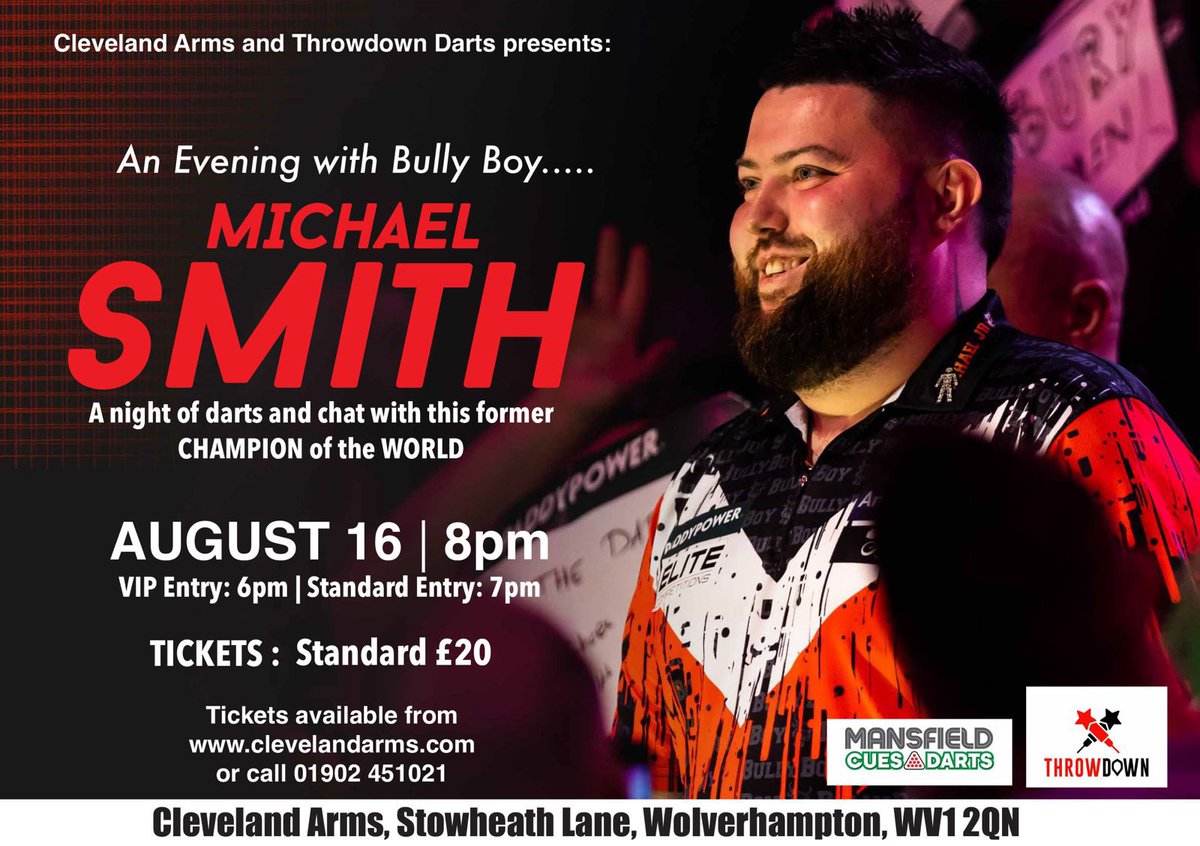 William Adamson (@willadamson4) on Twitter photo AUGUST 16 | We have <a href="/Michael180Smith/">Michael Smith</a> live on stage.
A top night of darts and chat.
Tickets for this one-off show are still available for JUST £20 each.
Details 👇👇👇 AUGUST 16 | We have <a href="/Michael180Smith/">Michael Smith</a> live on stage.
A top night of darts and chat.
Tickets for this one-off show are still available for JUST £20 each.
Details 👇👇👇