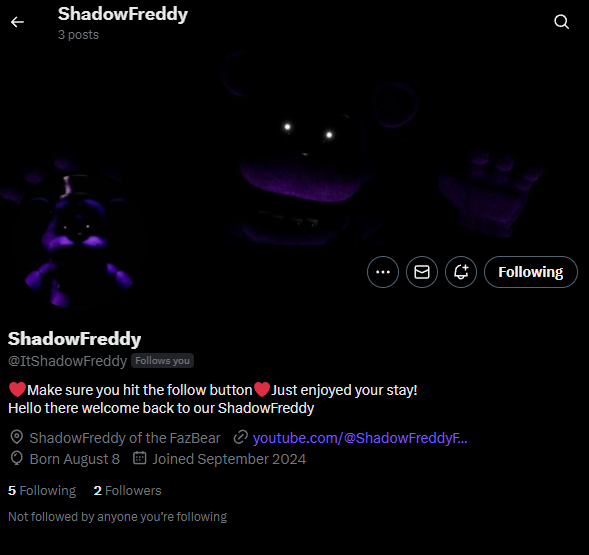 ItsShadowFreddy's tweet photo. New my profile page and change your name

Go the follow here @ItShadowFreddy https://t.co/8mcugGkW88
