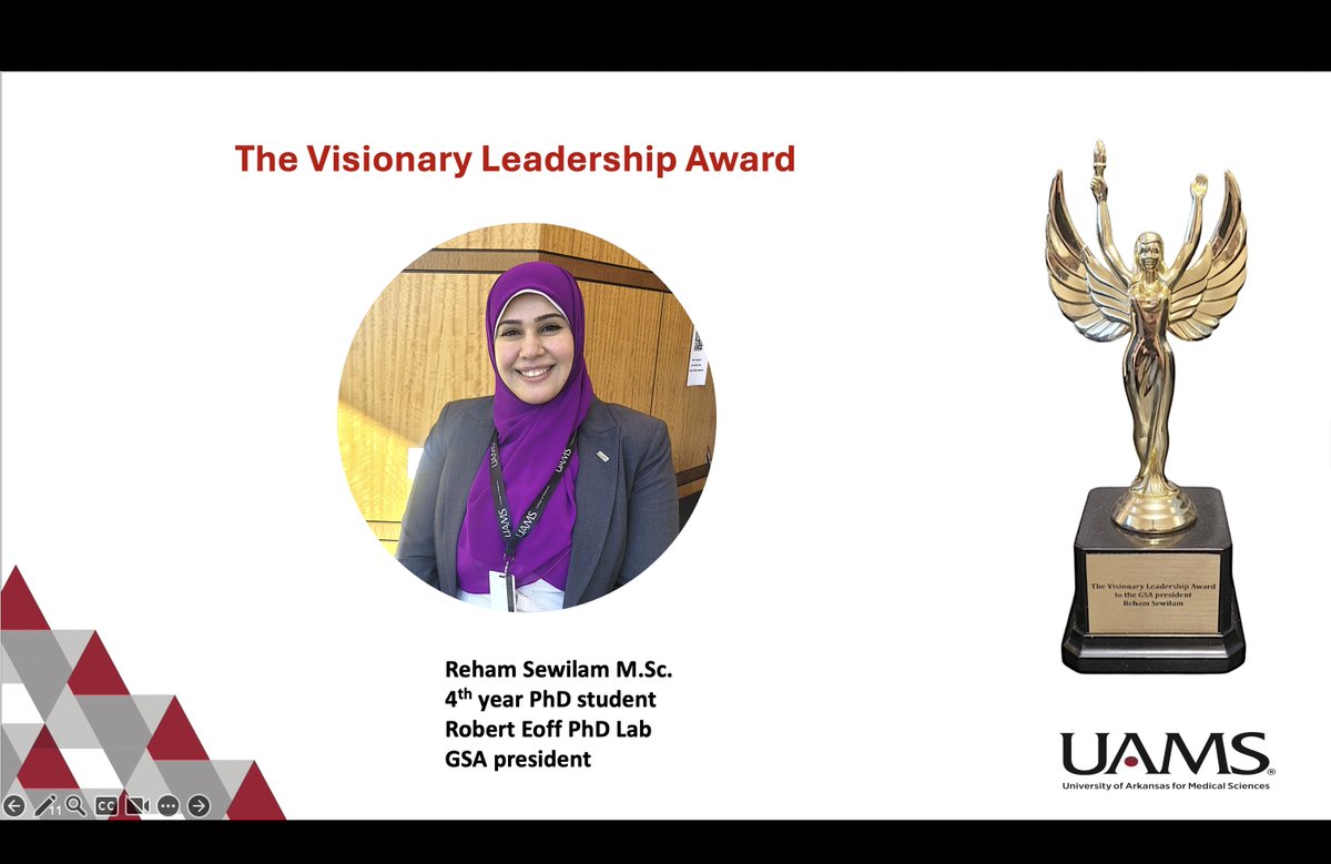 UAMSGSA's tweet photo. Congratulations to our incredible Ph.D. student and GSA President, who has been honored with both the Visionary Leadership Award and the Change Maker Award! Reham Sewilam👏
Thank you for being a true champion for graduate students!  #VisionaryLeader #ChangeMaker #PhD #Trailblazer https://t.co/BqHl2JA0Av