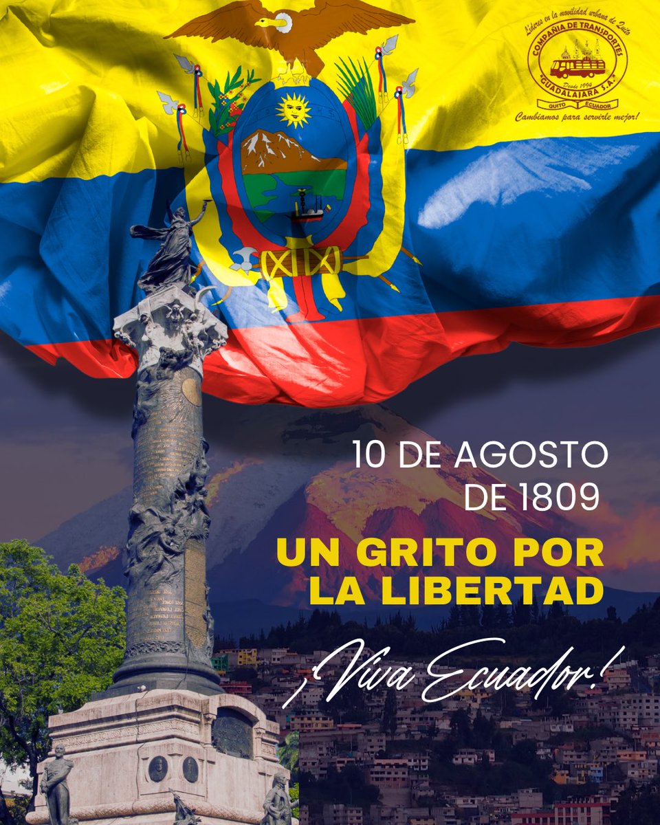 CompGuadalajara's tweet photo. 🇪🇨 Hoy celebramos la libertad que nos impulsa a avanzar.
En este 10 de agosto, recordamos a quienes dieron el primer paso hacia la independencia, y seguimos moviendo a Quito con el mismo compromiso y orgullo.
🚍 Compañía Guadalajara – Llevamos tu historia, movemos tu ciudad. https://t.co/XaLxaMlrfI
