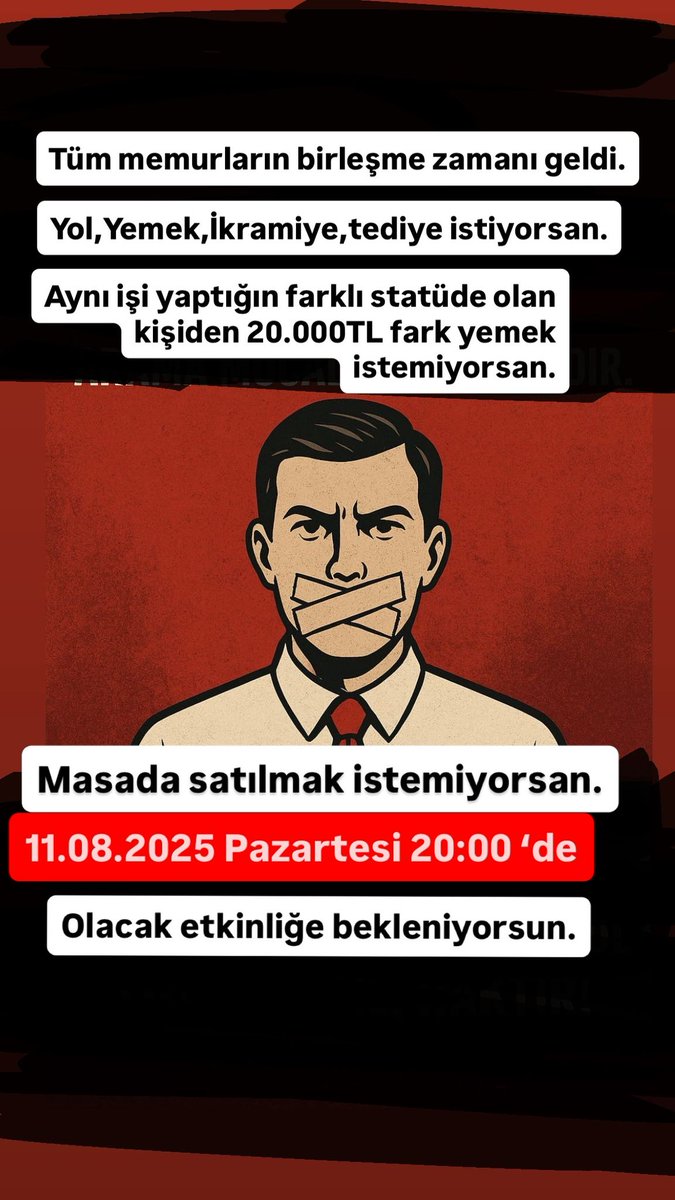 Memur meslektaşım;

11.08.2025 TARİHİ PAZARTESİ GÜNÜ SAAT 20.00'DE TAG PAYLAŞILACAKTIR

2026 Ocak ayında en düşük memur maaşının 85 bin TL olması,

İkramiye,Tediye,Yemek-Yol ek ödemesi mücadelesine davetlisin!

#MemuraGerçekZam 
#MemurunTeklifi 
#Memura85Bin 
#isciyevarmemurayok