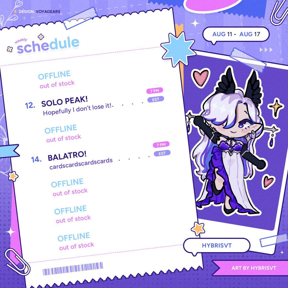 HybrisVT's tweet photo. [August 11th - August 17th]    

Hello Harbingers! Maybe I'll solo peak somehow.

Twitter / Twitch : HybrisVT 
YouTube / TikTok : Hybris_Deyanira  

💜Credits🐦‍⬛
Model Art: Me! 
Rig: @/BunnyUsagiiVT 
Schedule: @/voyagears 
#HybLive #Hybrisketch https://t.co/ZFkH609Yp3