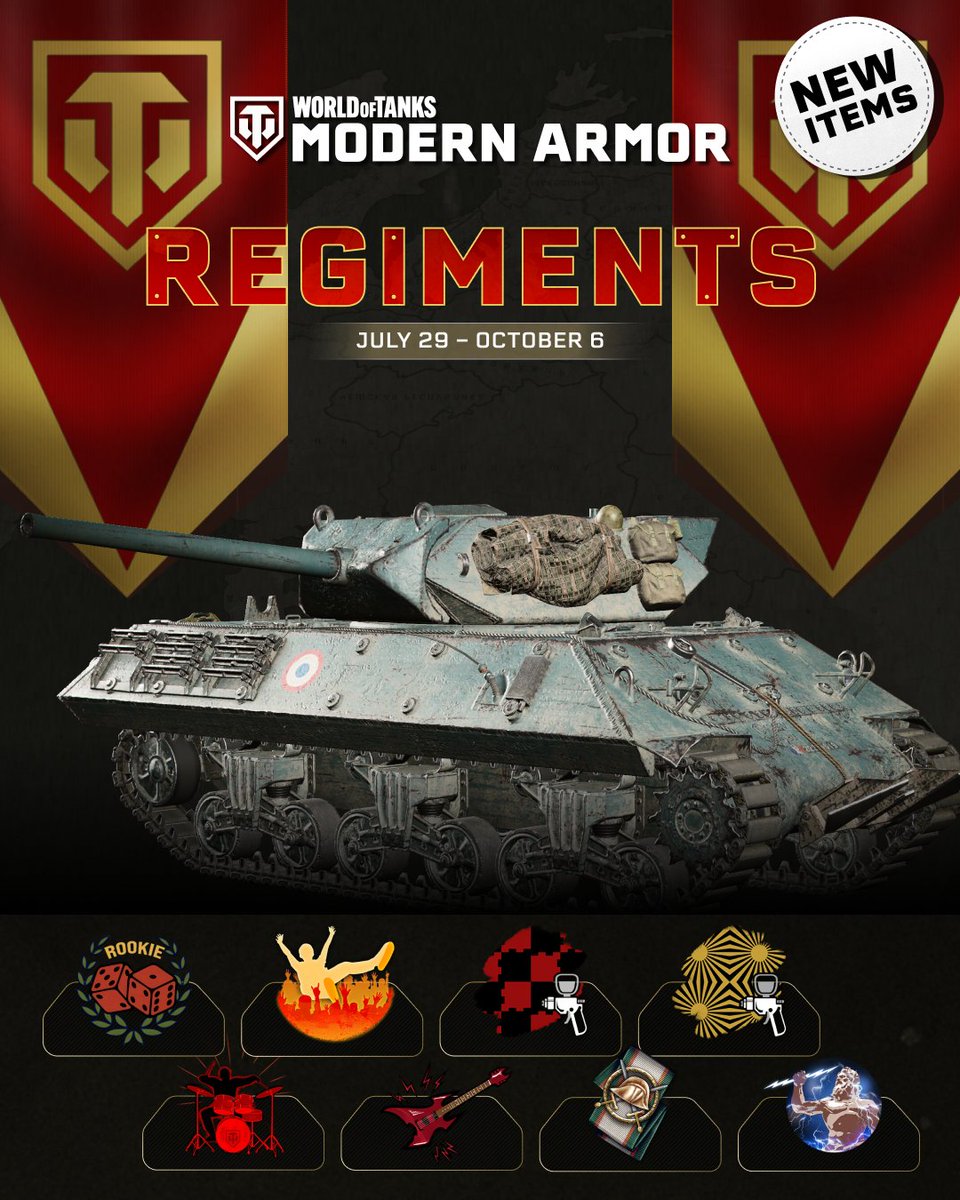 WoTModernArmor's tweet image. 🚨 Regiments Store refresh! 🚨

New camos, exclusive emblems, and the French Tier V M10 RBFM TD — now available for all!

Not in a Regiment? Now’s the time to join and earn!

July 29–Oct 7 💥

#WoTMA #WoTConsole #Regiments
