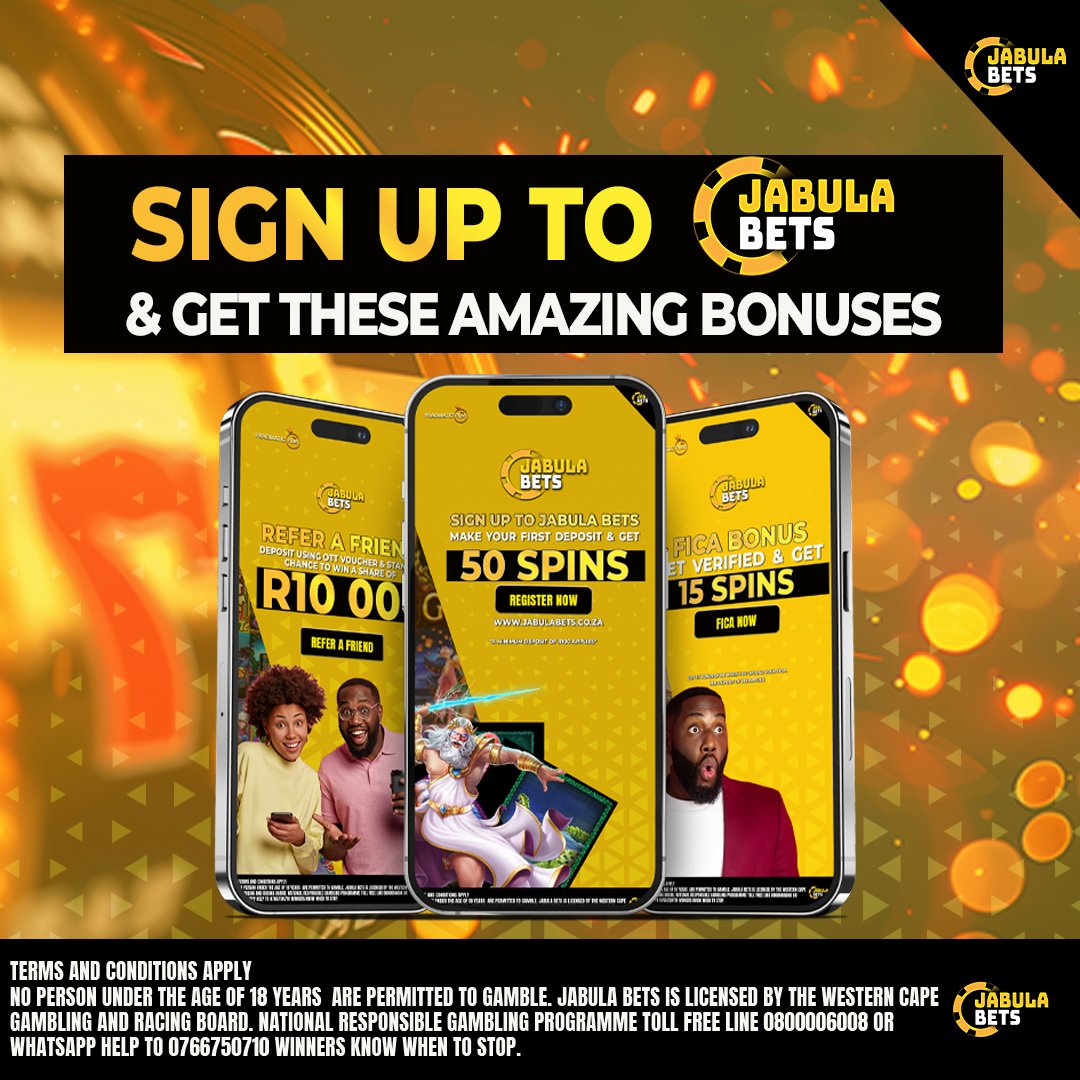 📷 Ready to WIN BIG? 📷
Join Jabula Bets today and unlock these AMAZING BONUSES! 📷
📷 Sign Up Bonus – Get 50 FREE SPINS on your first deposit!
📷 Refer a Friend – Stand a chance to WIN up to R10,000!
📷 FICA Bonus – Get 15 FREE SPINS when you verify your account!
📷 It’s your