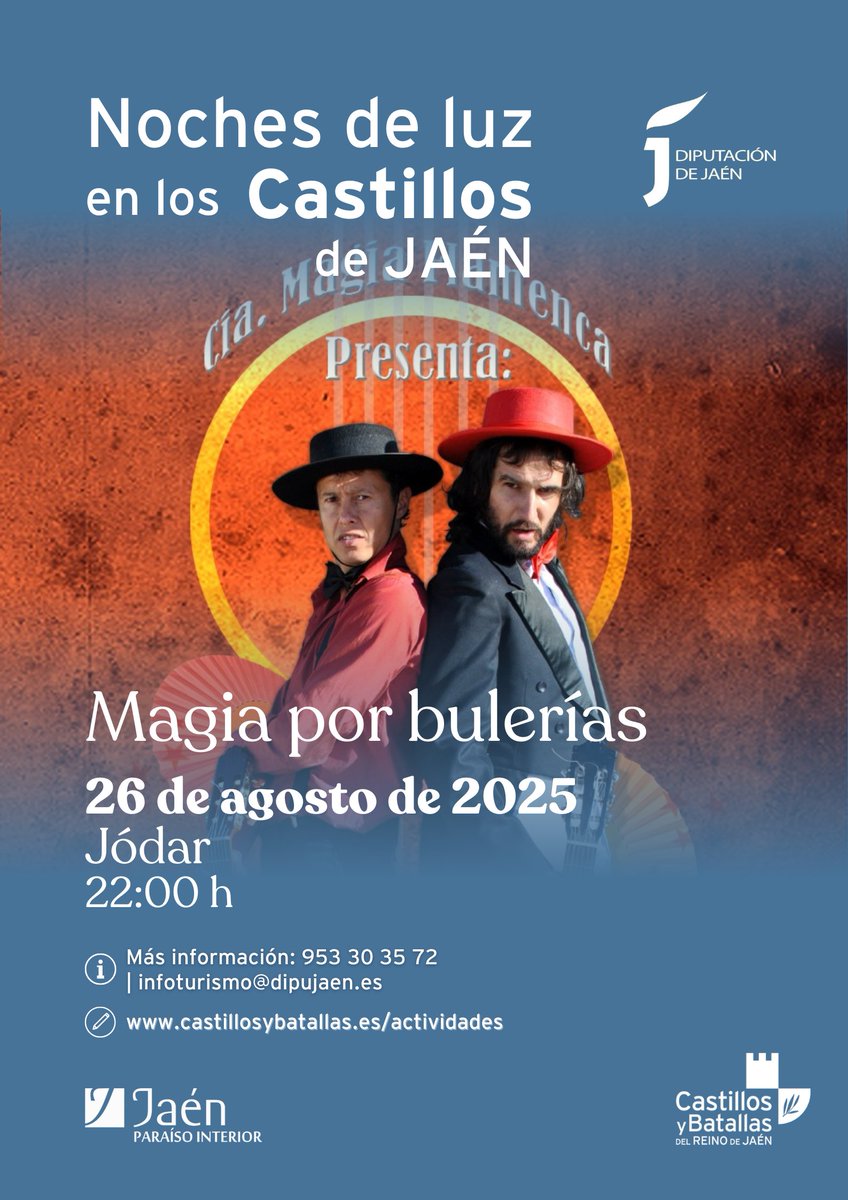 ✨ Noches de Luz en los Castillos de Jaén.

🗓️ El 26 de agosto, la compañía Magia Flamenca transforma la noche de Jódar en un espectáculo único que mezcla flamenco, magia, clown y música en directo, todo bajo la atmósfera íntima de la luz de las velas.

🔗 jaenparaisointerior.es/es/w/noches-de…