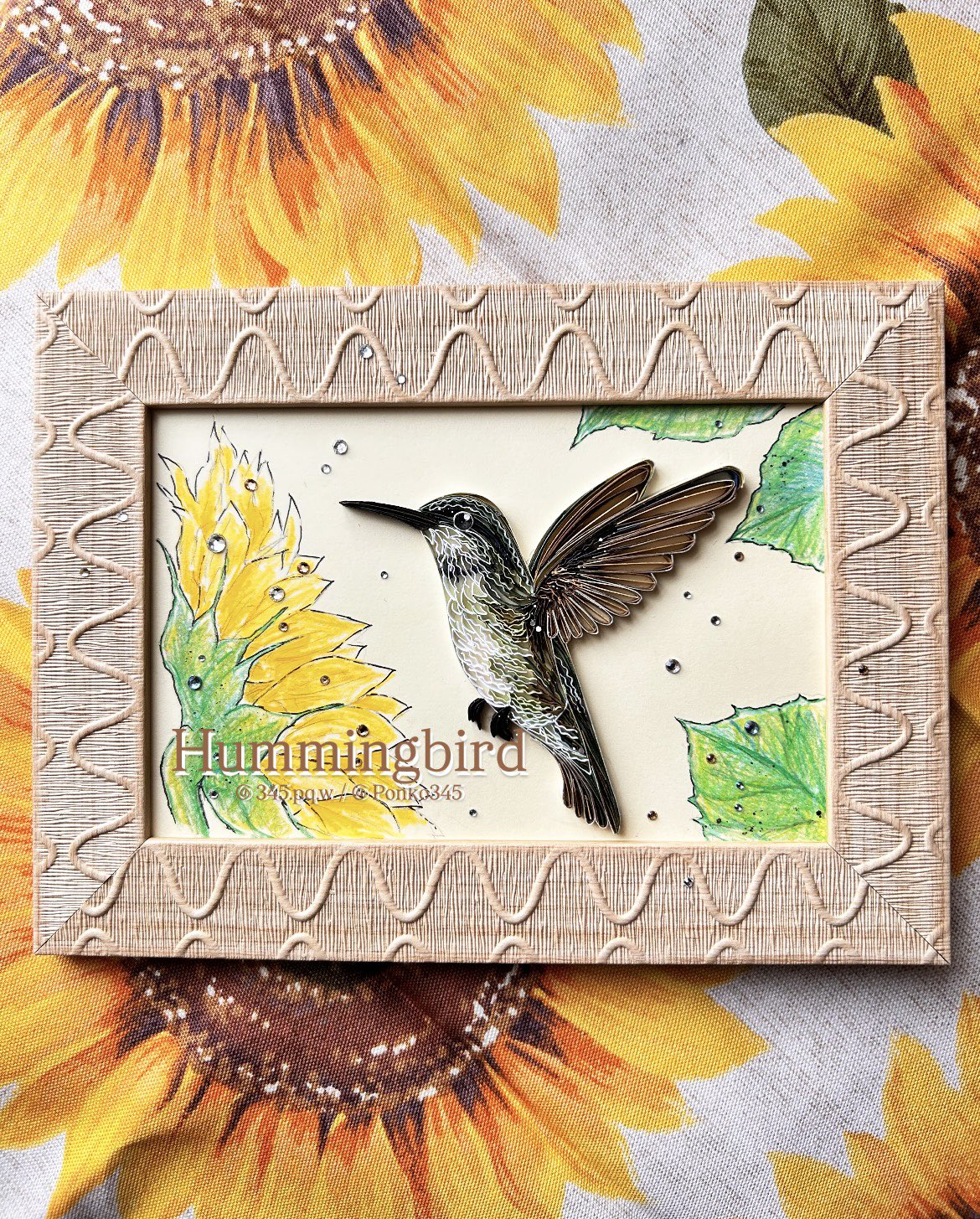 ハチドリと花のアクリル画 Hummingbird 原画　アート 2015年のゼラニウムとハチドリ（水彩）