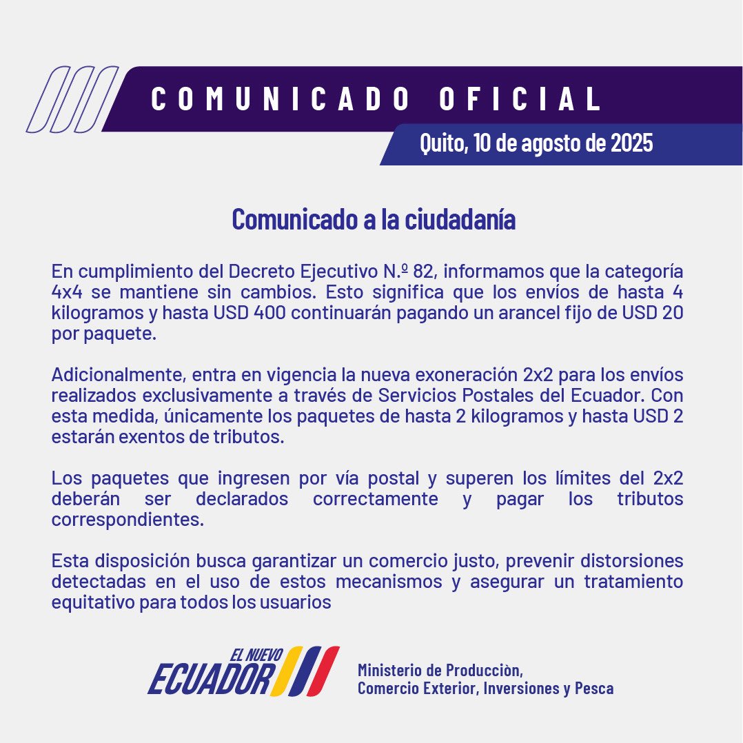 📢 En cumplimiento del Decreto Ejecutivo N.º82, la categoría 4x4 se mantiene sin cambios y entra en vigencia la nueva exoneración 2x2 para envíos postales. 

Conoce aquí los detalles de esta disposición que busca garantizar un comercio justo para todos los usuarios. 📄⬇️