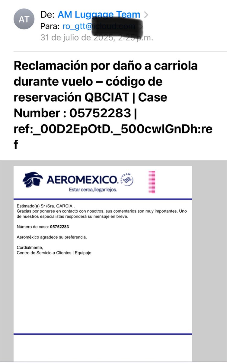 Han pasado ya 10 días desde que <a href="/Aeromexico/">Aeroméxico</a> recibió mi reclamación por el daño a la carriola de mi hija (Caso 05752283, código QBCIAT), con acuse de recibo y promesa de “breve” respuesta.

Hasta hoy, ningún contacto ni solución.
El servicio al cliente no puede basarse en el