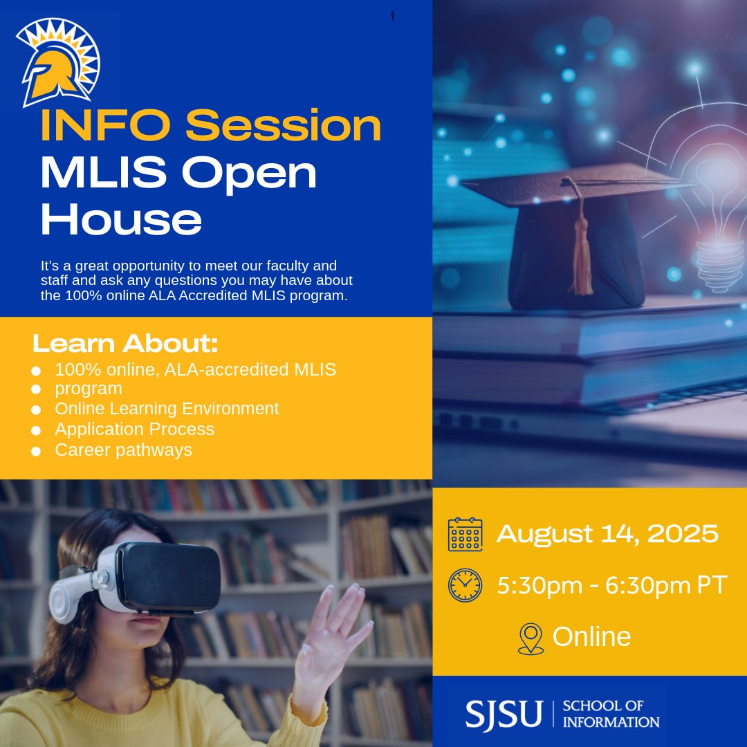 SJSUiSchool's tweet photo. Curious about a career in libraries or information science? 
Join our MLIS Online Open House on August 14th to see how our fully online, ALA-accredited program can fit your goals and lifestyle.
📍 Online  | 🕔 August 14th at 5:30–6:30 p.m. PT
RSVP today: https://t.co/2gxxvlGUbM https://t.co/rJR7458NDH