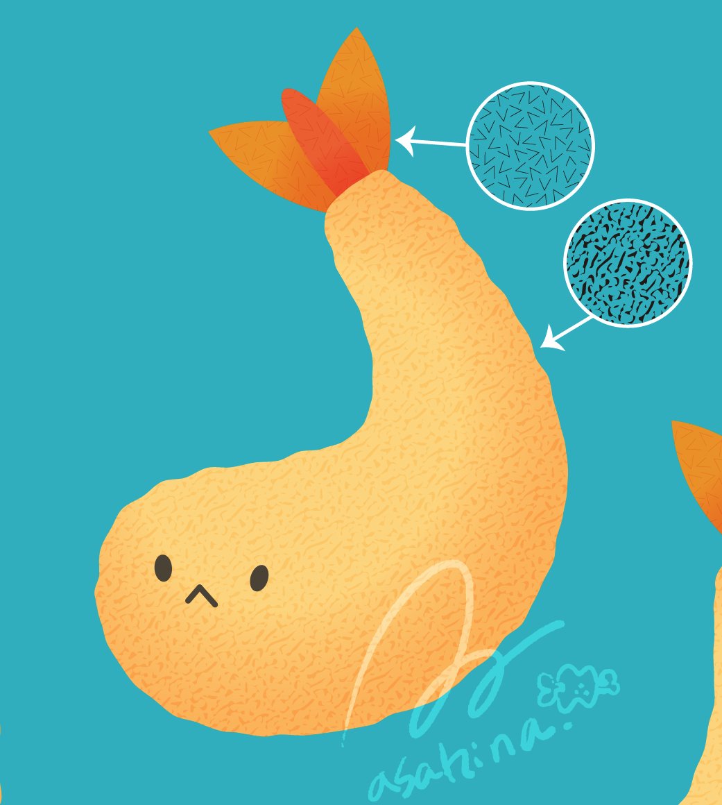 Adobe Illustratorで描いた
えびふりゃーといかりんぐ。

基本図形から作って、そこから輪郭を崩していく。
これもイラレっぽく見えないように、
グラデーションやスウォッチのパターン(ベーシック:テクスチャ)を使ってます🐼🍤🦑
#PR #AdobeCommunityExpert &amp; Evangelist #Illustrator 