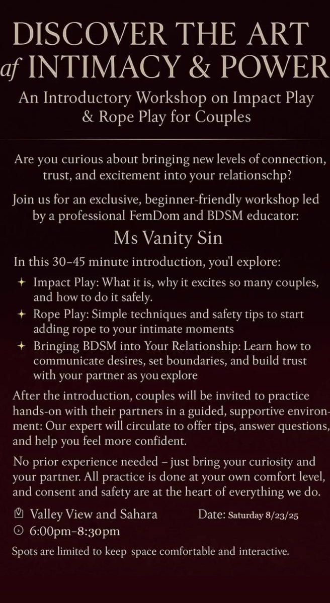 RWbymvs's tweet photo. New class coming up on August the 23rd from 6pm to 8:30pm. Don’t miss out! If you’re local or planning on being in Las Vegas on that date, come join us. 

https://t.co/gPpccZWdSI…

#kink #fetish #bdsm #lasvegas #dominatrix #kinkclass https://t.co/XQmjA2CRcY