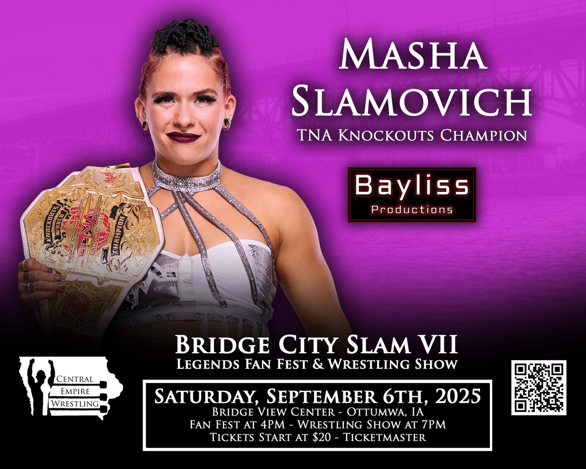 Central Empire Wrestling (@cewlive) on Twitter photo .<a href="/ThisIsTNA/">TNA Wrestling</a> knockout <a href="/mashaslamovich/">Masha Slamovich マーシャ・スラモビッチ</a> is making her way to Bridge City Slam!
What: CEW Presents Bridge City Slam 7
Where: Bridge View Center Ottumwa, IA
When: Satuday Sept 6th
Fan Fest: 4pm-7pm
Live Wrestling: 7pm
Buy Tix: bit.ly/42H7Io7 .<a href="/ThisIsTNA/">TNA Wrestling</a> knockout <a href="/mashaslamovich/">Masha Slamovich マーシャ・スラモビッチ</a> is making her way to Bridge City Slam!
What: CEW Presents Bridge City Slam 7
Where: Bridge View Center Ottumwa, IA
When: Satuday Sept 6th
Fan Fest: 4pm-7pm
Live Wrestling: 7pm
Buy Tix: bit.ly/42H7Io7
