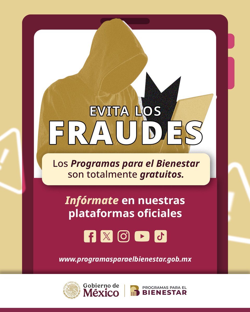 Programas para el Bienestar (@apoyosbienestar) on Twitter photo ⚠️ Recuerda: la información de los Programas para el Bienestar está únicamente en las páginas y redes sociales oficiales del <a href="/GobiernoMX/">Gobierno de México</a>.
✅ Si entras a sitio web, verifica que su dirección empiece o termine en gob.mx.
Para más detalles, visita: ⚠️ Recuerda: la información de los Programas para el Bienestar está únicamente en las páginas y redes sociales oficiales del <a href="/GobiernoMX/">Gobierno de México</a>.
✅ Si entras a sitio web, verifica que su dirección empiece o termine en gob.mx.
Para más detalles, visita: