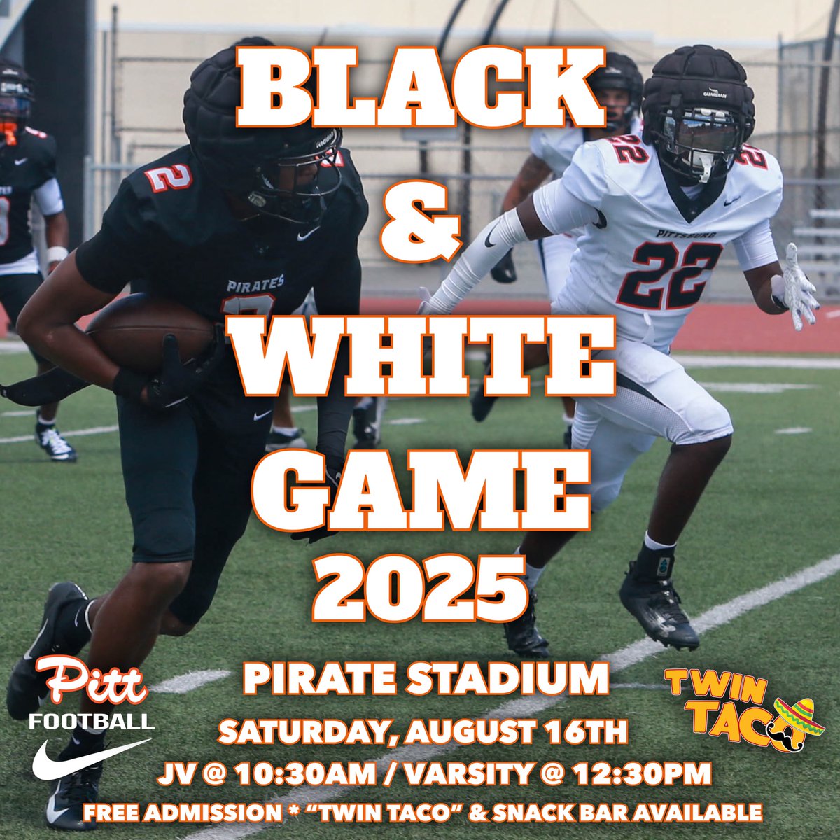 Catch your first glimpse of the 2025 Pirates at the Black &amp; White game on Saturday August 16th. Varsity Black &amp; White scrimmage starts @ 12:30pm, JV @ 10:30am. Admission is free

#HoistTheColors🏴‍☠️ #101YearsOfWinning #ramPITTup #BVALchamps #NCSchamps #NORCALchamps 🏴‍☠️🏈🅿️🌎🏈🏴‍☠️