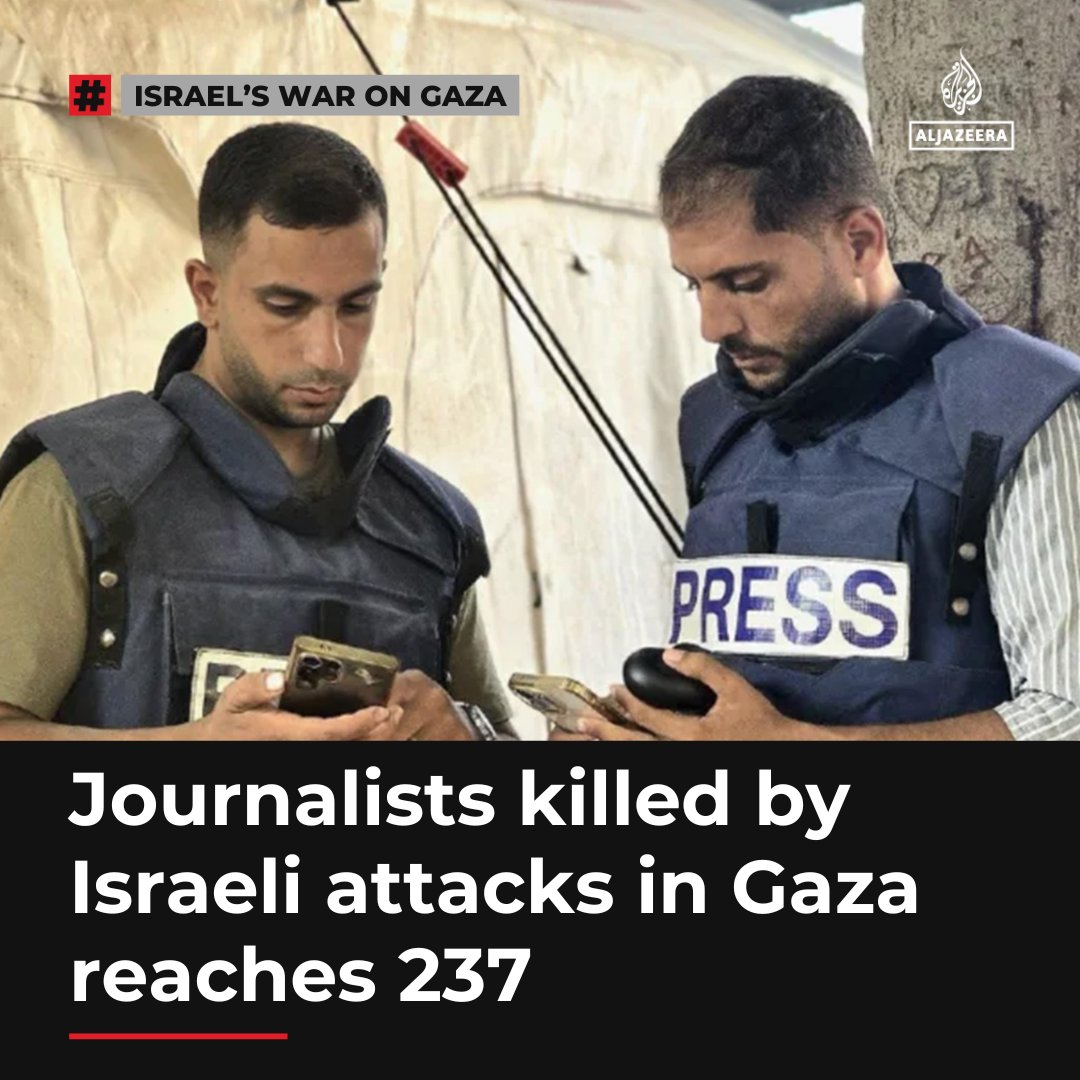AJEnglish's tweet image. The deliberate killing of five Al Jazeera staff has brought the total number of journalists killed by Israel since the start of the war to 237, according to Gaza&apos;s Government Media Office.

🔴 LIVE updates: aje.io/o5rzvs