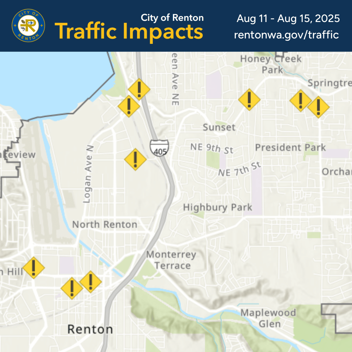 🚧 Traffic impacts for the week of August 11-15.
1. NE Sunset Blvd.
2. NE 12th St.
3. Union Ave NE
4. Union Ave S.
5. N. 8th St.
6. Rainier Ave S.
7. I-405 SB Exit 5

Map &amp; details: rentonwa.gov/traffic
