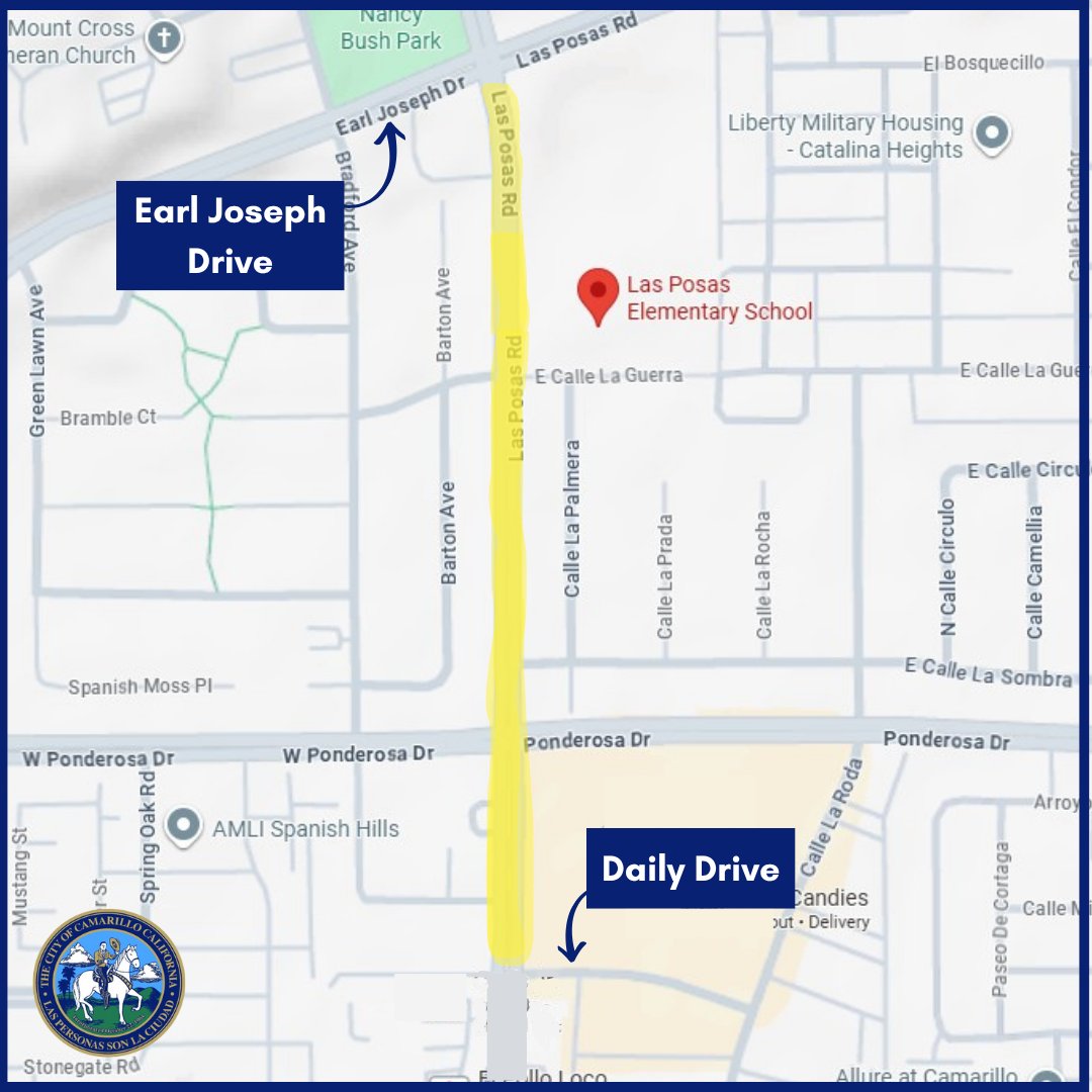 Road work for Annual Resurfacing Project (ST-5069) begins Mon., 8/11 @ 8:30 a.m.

It will take place along Las Posas Rd. — from the north side of Daily Dr. to the south side of Earl Joseph Dr.

Plan ahead and consider alternate routes.
More info: ow.ly/ftvF50WCkma
