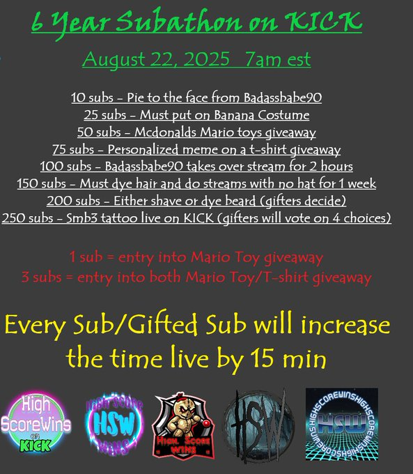 I know I have been hung on Retro Never Dies, but we do have a subathon coming up to celebrate 6 years of HSW!  

Actually it is 12 days away.  So save your gift subs till the 22nd and lets have some fun!

The actual anniversary is Aug 14, 2019.  I started the page on #facebook to