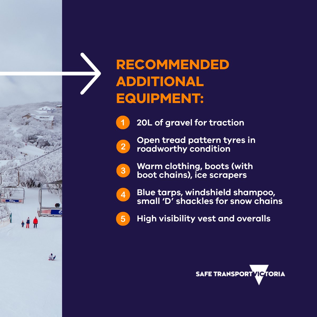 Driving buses in alpine areas? Make sure you're properly prepared.

There are specific requirements for buses in the snow.

Don’t get caught out by alpine conditions. Be safe, be seen, and be ready.

More: go.vic.gov.au/4eFkc53