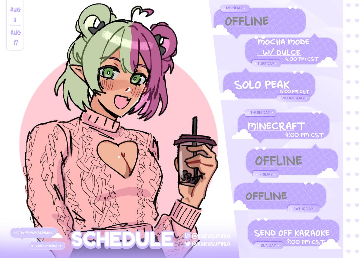 Mira ♠️ Vtuber (@kurusumira) on Twitter photo ♠️AUG 11 ~ AUG 17♠️
Last schedule before i go back to school 😭 I do want to make some content while im gone so I'm starting this series called Mocha Mode where I sit and chat with a friend at least once a month about anything ! Let's have a fun week :3
Collab w/<a href="/LasercutLegends/">Dulce 🎀🍧 🔜 AIOC #AD22</a> ♠️AUG 11 ~ AUG 17♠️
Last schedule before i go back to school 😭 I do want to make some content while im gone so I'm starting this series called Mocha Mode where I sit and chat with a friend at least once a month about anything ! Let's have a fun week :3
Collab w/<a href="/LasercutLegends/">Dulce 🎀🍧 🔜 AIOC #AD22</a>