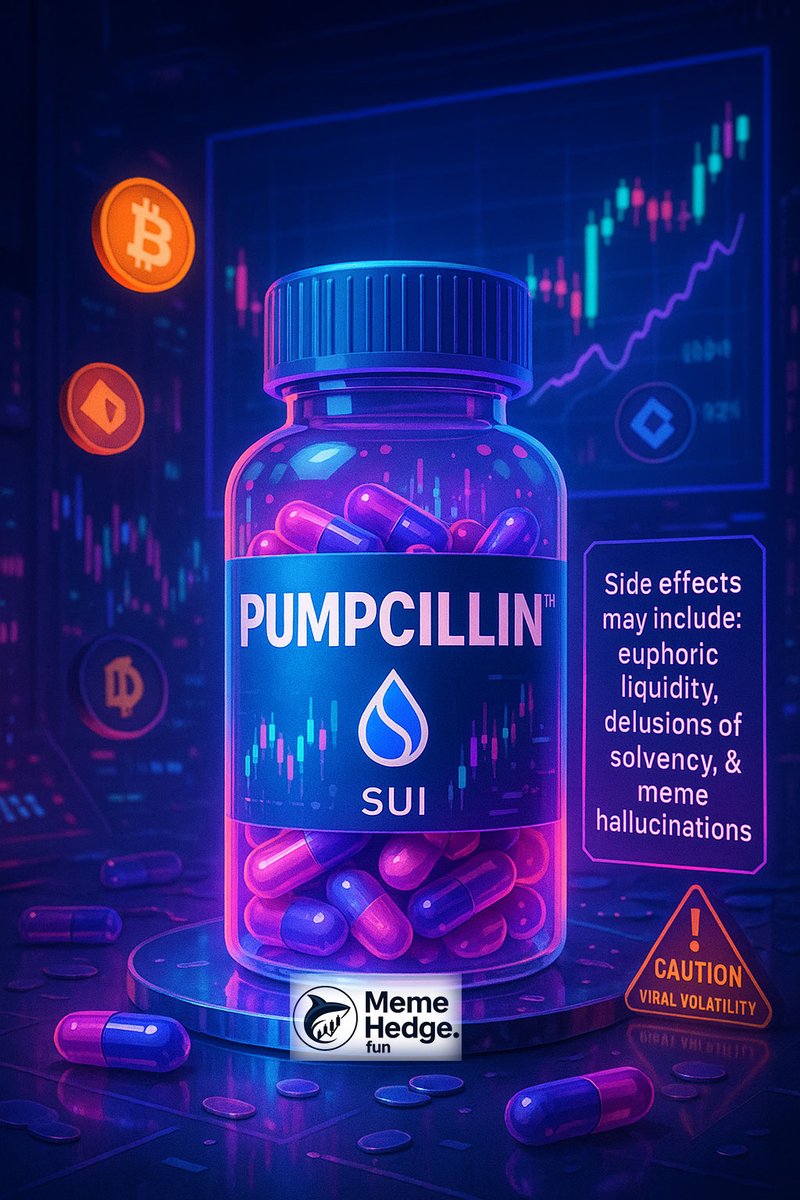 memehedge's tweet photo. 💊 BREAKING:
MemeHedge FUNd issues urgent prescription for the market:
 $PUMPCILLIN™
Now available on SUI.
Side effects may include:
✔️ Euphoric liquidity
✔️ Sudden gains
✔️ Hallucinations of solvency
Tap in → https://t.co/DqMtZPeRqn
#Pumpcillin #MemeticTrading #CryptoCure #FridayFeels #NeuralProtocol