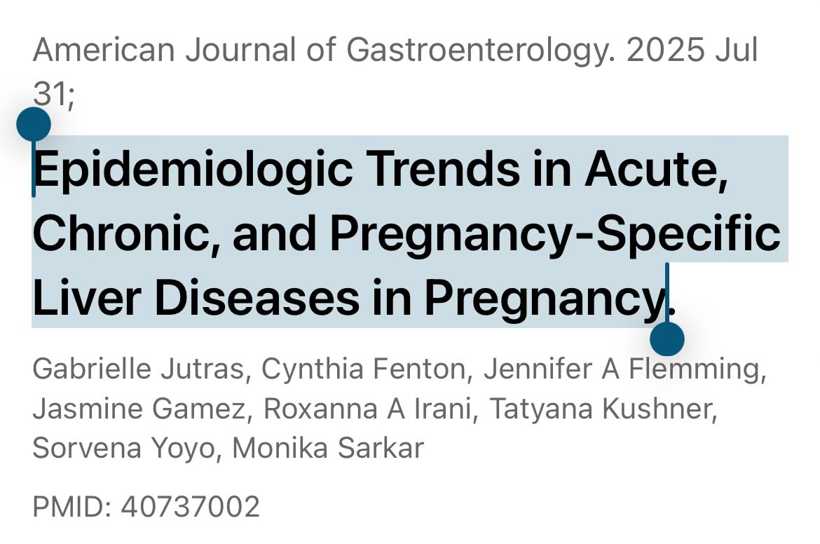 Elliot Tapper (@ebtapper) on Twitter photo Liver diseases impact 1 in every 40 pregnancies
~ 1% cholestasis
~ 0.3% HELLP
< 0.1% acute fatty liver
MASH more common over time
💪 Jutras and <a href="/MonikaSarkarMD/">Monika Sarkar</a> in <a href="/AmJGastro/">AJG - The American Journal of Gastroenterology</a> Liver diseases impact 1 in every 40 pregnancies
~ 1% cholestasis
~ 0.3% HELLP
< 0.1% acute fatty liver
MASH more common over time
💪 Jutras and <a href="/MonikaSarkarMD/">Monika Sarkar</a> in <a href="/AmJGastro/">AJG - The American Journal of Gastroenterology</a>