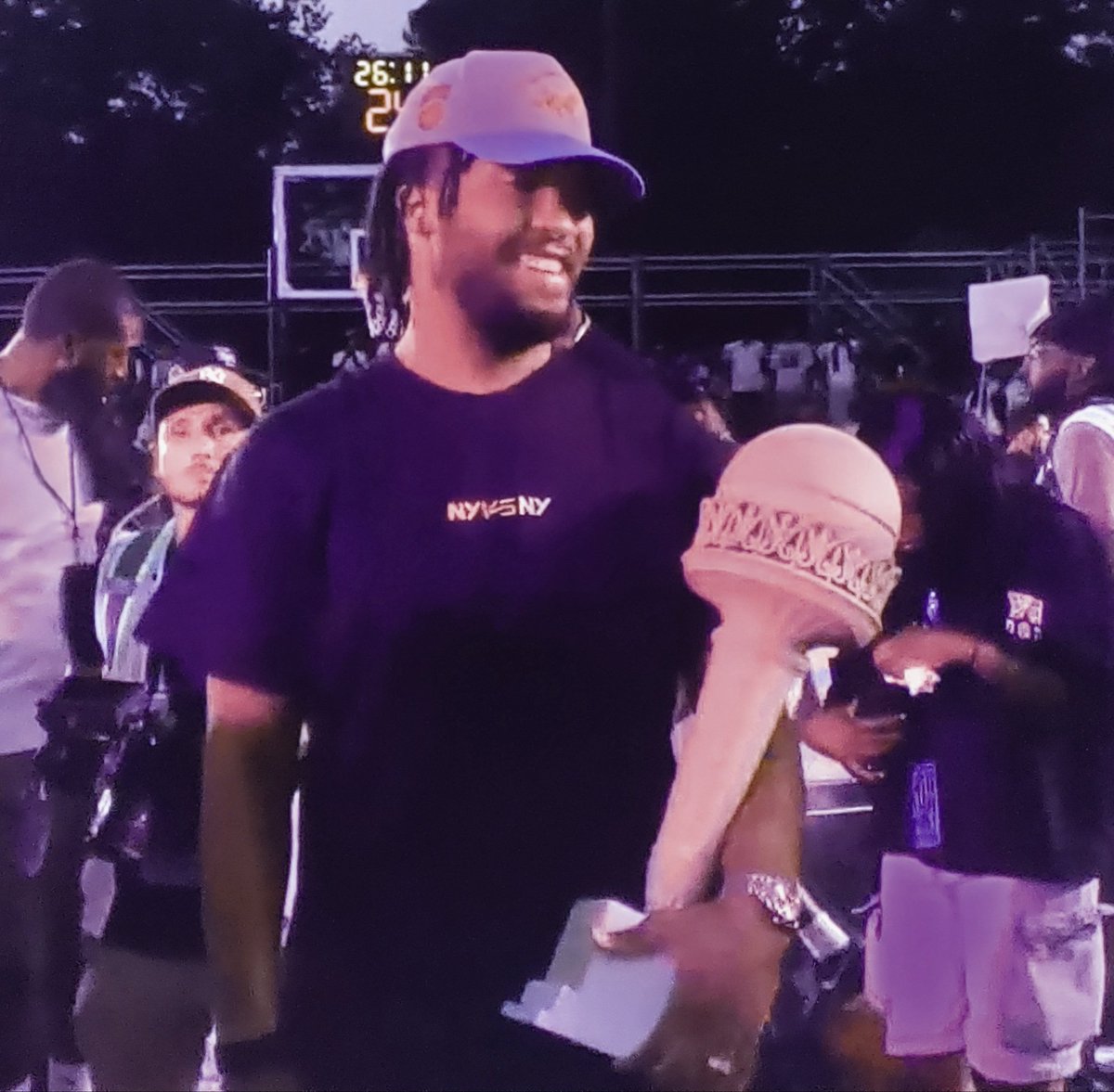 NotJustKnicks's tweet photo. Jalen Brunson of the Knicks at NYvsNY Victory Park holding the W.4th Girls champs trophy.  This feels like a premonition to the LOB in June 2026.  I manifest it. https://t.co/NJxJNGndxS