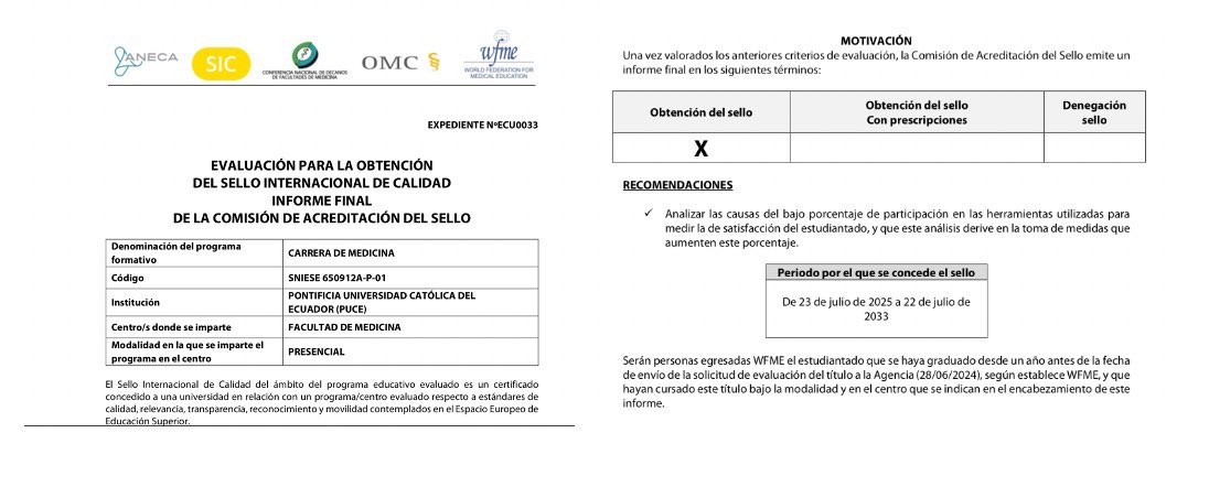 <a href="/EstebanOrtizMD/">Esteban Ortiz</a> <a href="/UDLAEcuador/">UDLA Ecuador</a> Estimado Esteban la <a href="/PUCE_Ecuador/">PUCE Ecuador</a> tiene actualmente acreditación internacional y sello internacional de la WFME por 8 años 

Aquí las resoluciones 👇🏼

aneca.es/informes-evalu…