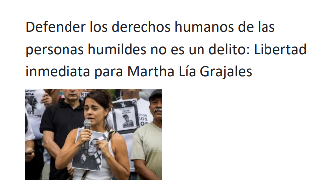 Más de 800 personas, incluyendo activistas, dirigentes e intelectuales, firmaron un comunicado exigiendo la liberación de Martha Lía Grajales y respeto por sus derechos.

El comunicado y las firmas están disponibles en este enlace: surgentes.org.ve/wp-content/upl…
