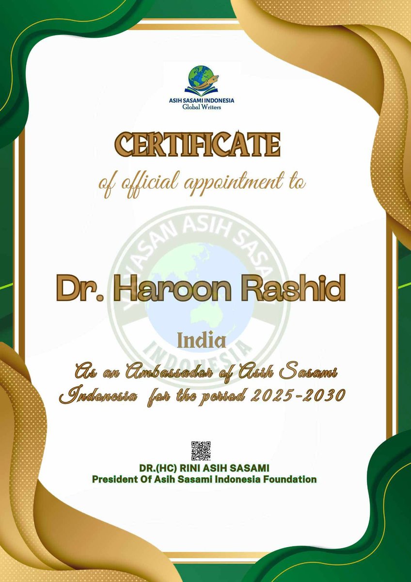 AuthorHaroonR's tweet photo. 🌍 Honored to be appointed Ambassador of Asih Sasami Indonesia 🇮🇩 (2025–2030) by President Dr.(HC) Rini Asih Sasami for my work in Global Literature, Art &amp; Peace.

From Jammu &amp; Kashmir to 100+ countries, words have been my bridge crossing borders, uniting hearts. 🌿📚

#Peace #Un https://t.co/1zFPBRlYIr
