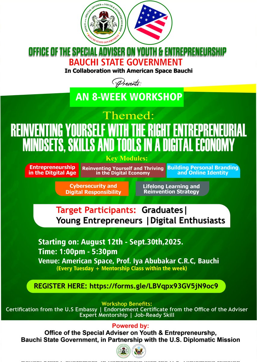 Hello Bauchi Youth!
Join our FREE 8-week Entrepreneurship &amp; Digital Skills Training 📚💼
🎯 200 spots | Starts Aug 12
🏛 With American Space Bauchi &amp; my esteemed office  🇺🇸
✅ 2 Prestigious Certificates
📌 Apply now 👉 [forms.gle/LBVqpx93GV5jN9…](forms.gle/LBVqpx93GV5jN9…)
