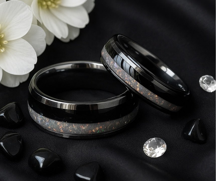 WoodturnersWife's tweet image. 🖤🤍 Bespoke Wedding Rings 🤍🖤

A special request for a matching pair of Tungsten Carbide rings, handmade with double channel inlay in Whitby Jet &amp;amp; Opal

#handmade #weddingring #jewellery #SBS