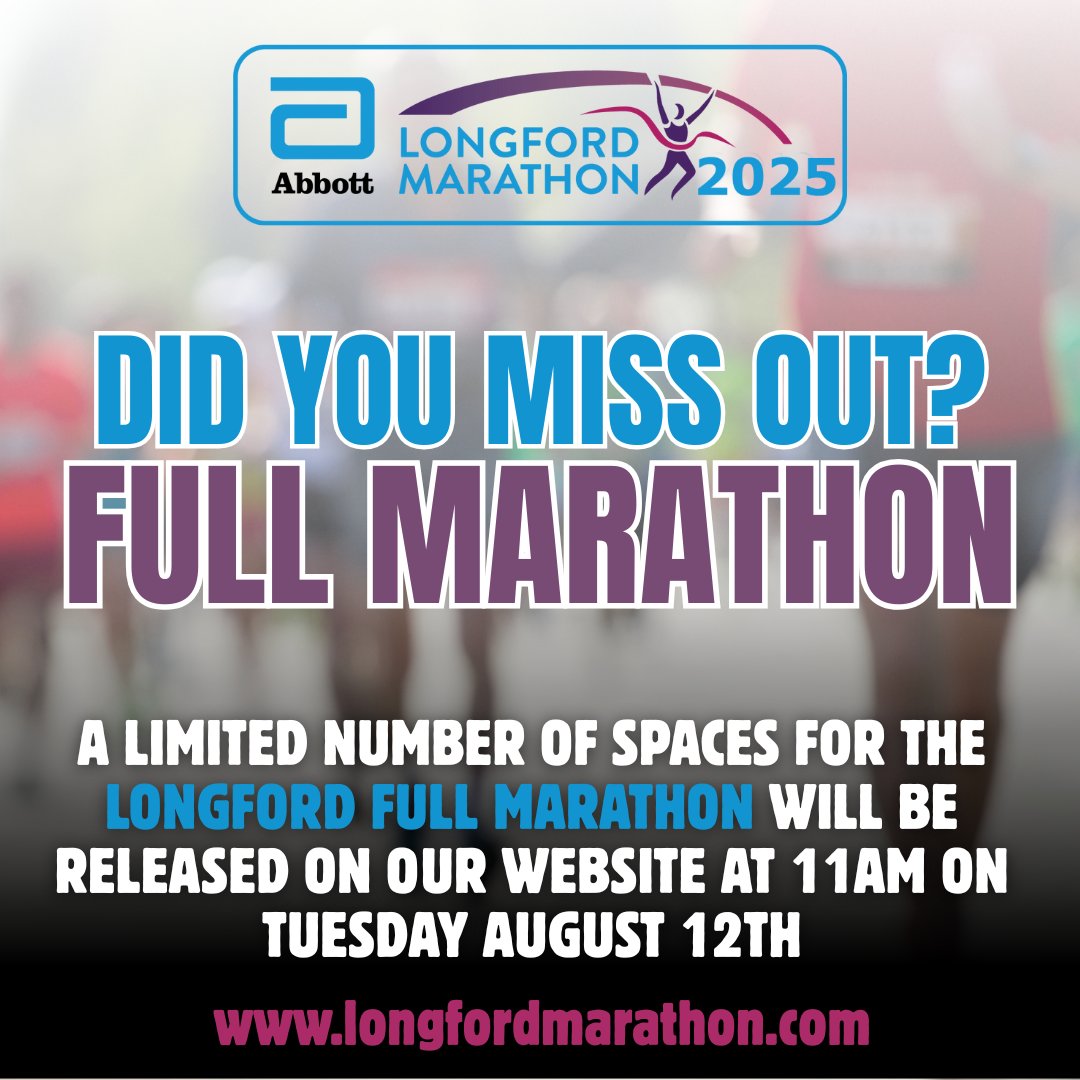 RunLongford's tweet image. 𝐀 𝐯𝐞𝐫𝐲 𝐥𝐢𝐦𝐢𝐭𝐞𝐝 𝐧𝐮𝐦𝐛𝐞𝐫 𝐨𝐟 𝐌𝐚𝐫𝐚𝐭𝐡𝐨𝐧 𝐬𝐩𝐚𝐜𝐞𝐬 𝐡𝐚𝐯𝐞 𝐛𝐞𝐜𝐨𝐦𝐞 𝐚𝐯𝐚𝐢𝐥𝐚𝐛𝐥𝐞!

These places (for the FULL marathon ONLY) will be released on our website at 11am on Tuesday 12th August

longfordmarathon.com