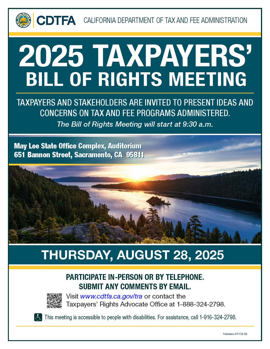 The annual Taxpayers’ Bill of Rights meeting is an opportunity for the public to provide feedback regarding CDTFA’s tax and fee programs. This year’s meeting will be held on Aug. 28 at 9:30 a.m. at 651 Bannon Street, Sacramento, CA 95811. For more info: cdtfa.ca.gov/tra/tbor-meeti…