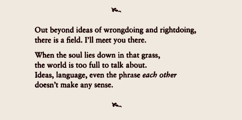 "خارج مضمار كلّ الأفكار … كل مفاهيم الخير والشر، الفضيلة والخطيئة … هنالك مرج واسع بلا نهاية … سألقاك هناك."