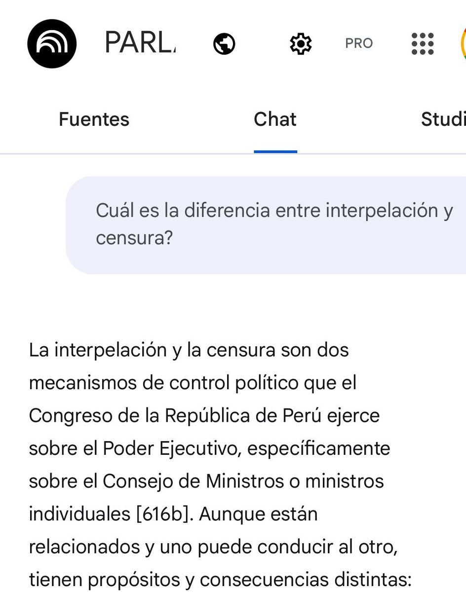 Aprovecho este caso para recomendarles este ParlaChat, un bot que resuelve dudas legislativas. Podrían preguntarle sobre interpelaciones, censuras y semana de representación. La iniciativa es del <a href="/IpegsPeru/">IPEGS Perú</a>. notebooklm.google.com/notebook/908ec…