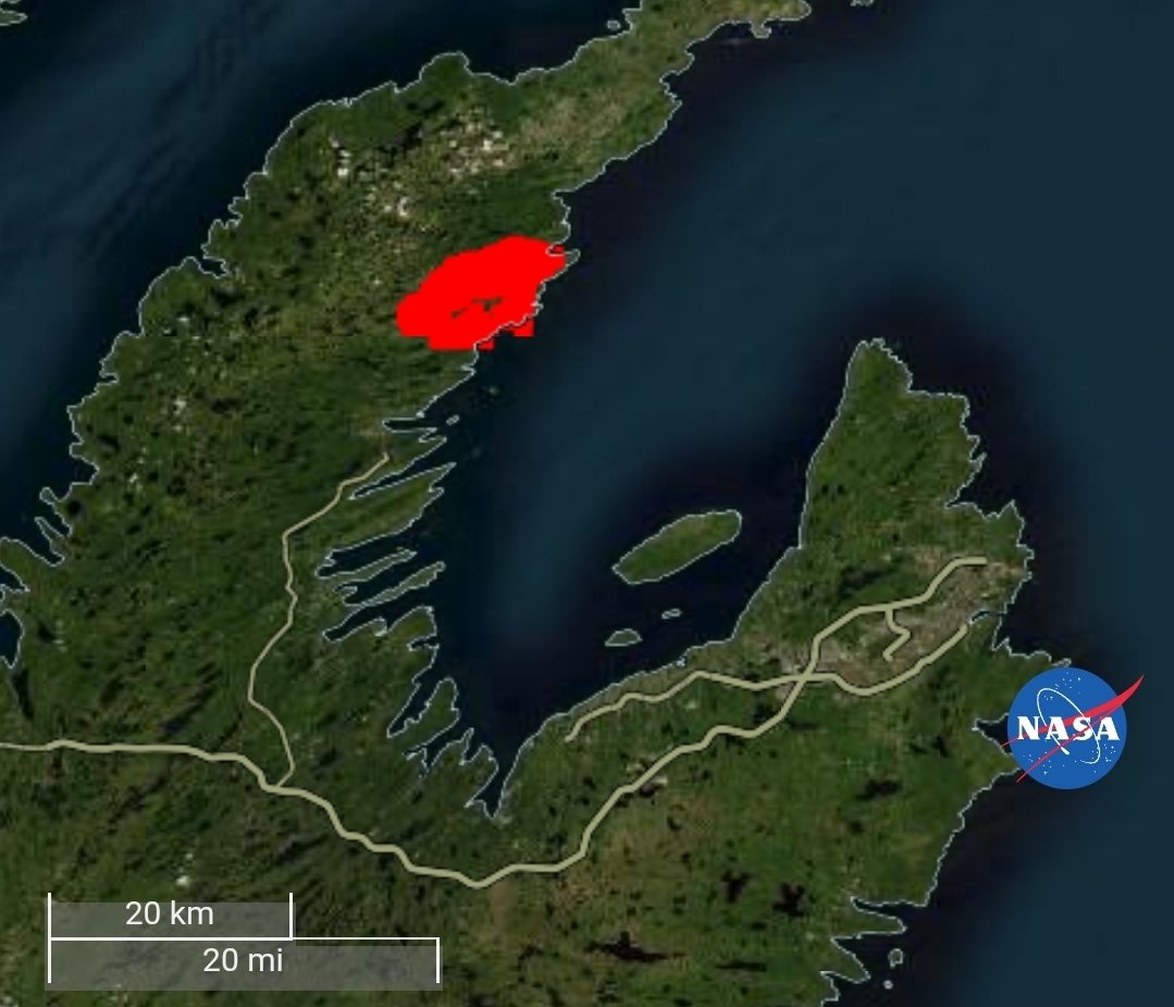 TheNLWX's tweet photo. A visual of the current fire in Kingston, NL via NASA FIRMS.

#nltraffic #nlwx #nfld #nlstrong https://t.co/n9YfPYPNJT