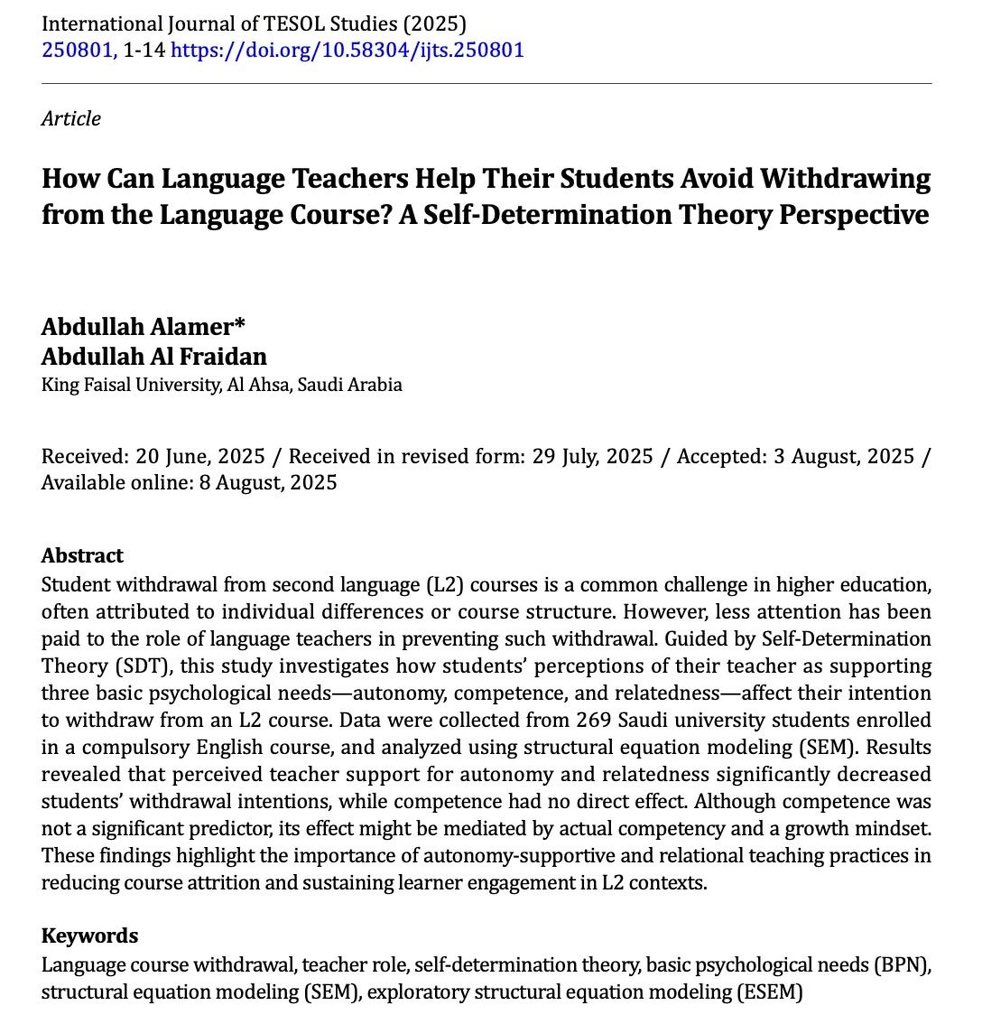 Abdullah Alamer د. عبدالله العامر (@profalamer) on Twitter photo 💐 I am pleased and honored to share our new publication in the International Journal of TESOL Studies, co-authored with my esteemed colleague Abdullah Al Fraidan <a href="/alfraidan/">أ. د. عبدالله الفريدان Prof. Abdullah Al Fraidan</a> .
📍 This study addresses a pressing issue in second language education: student withdrawal from language 💐 I am pleased and honored to share our new publication in the International Journal of TESOL Studies, co-authored with my esteemed colleague Abdullah Al Fraidan <a href="/alfraidan/">أ. د. عبدالله الفريدان Prof. Abdullah Al Fraidan</a> .
📍 This study addresses a pressing issue in second language education: student withdrawal from language